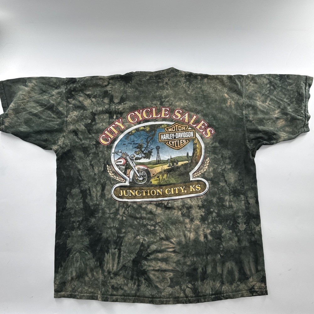 Vtg Harley Davidson Junction City Kansas Green Dyed T-Shirt Xl City Cycle Sales